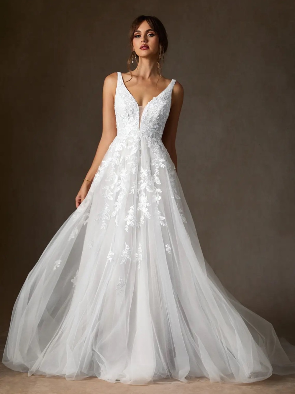Azazie White V-Neck Lace Tulle A-Line Wedding Gown